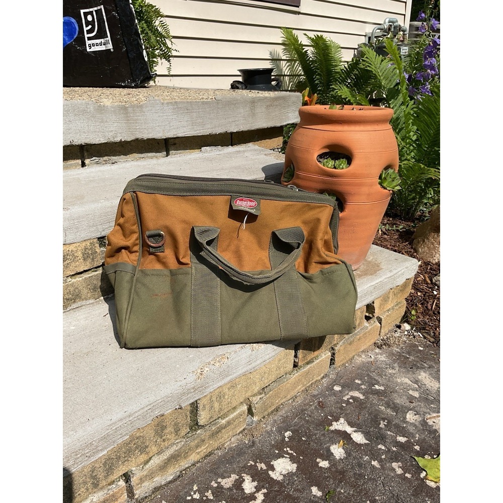 Bucket Boss Gate Mouth  17" Brown & Green Canvas Zippered Tool Bag / Tote